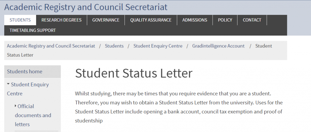 student status letter screenshot from ARCS